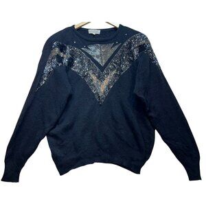 Vintage The Violetta Womens Sequin Lambswool Sweater Knit Long Sleeve Sz L Black